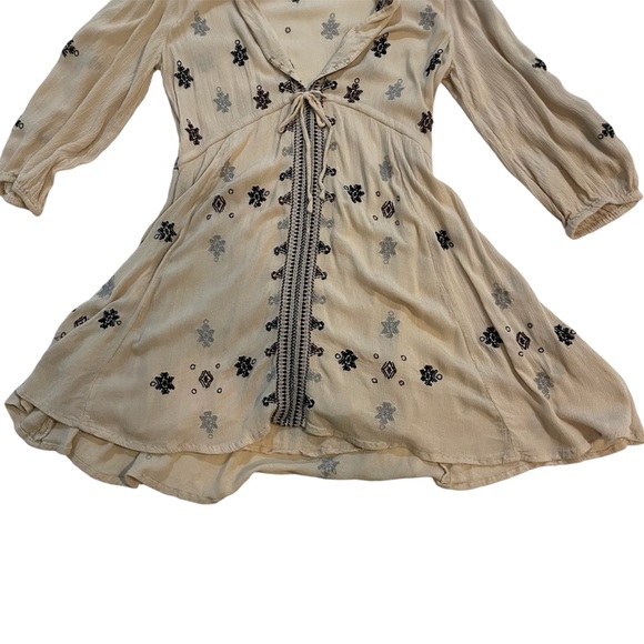 Free People Star Gazer Embroidered Peasant Dress Neutral Color Combo 3/4 Sleeve - Picture 8 of 12